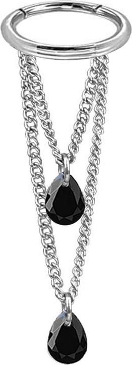 Star Piercing Micro Segmentring klappbar silber Anhänger waagerecht zwei Ketten zwei Ovale Kristalle schwarz (ohne Messing, Chirurgenstahl 316L)
