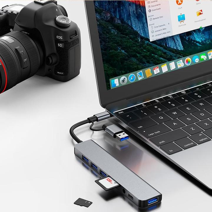 Produktbild Apfelkiste USB C/USB 3.0 Multiport Hub mit SD/MicroSD & 3.5mm Klinke – 5 Gbit/s (USB C + 4x USB A) (USB-C, 4 Ports)