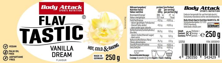 Valori nutrizionali e ingredienti Body Attack Flav Tastic (barattolo da 250g) (Vaniglia, 1 pz., 250 g)
