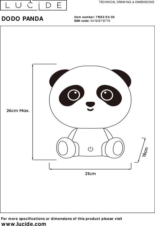 Produktbild Lucide DODO PANDA - Tischlampe Kinderzimmer - LED Dim. - 1x3W - 3 StepDim - Schwarz 71593/03/30 (360 lm)