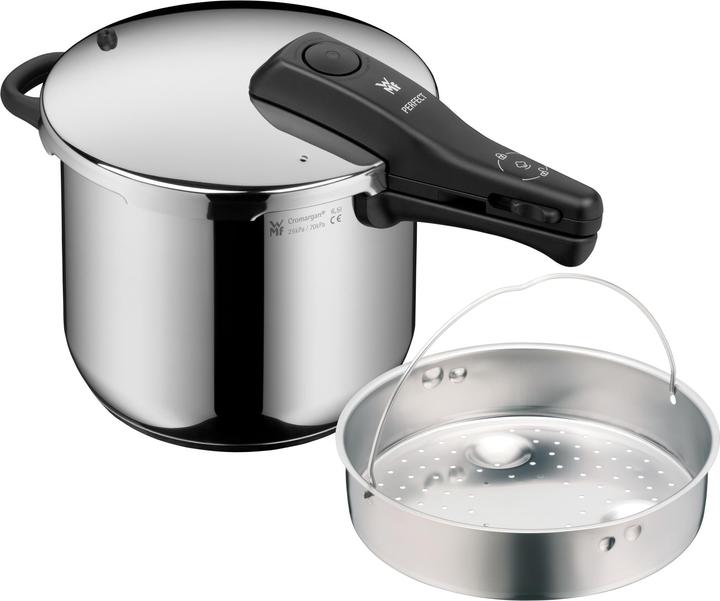 WMF Schnellkochtopf 6,5l inkl. Einsatz grosses Kochsignal Perfect Induktion Edelstahl (22 cm, Dampfkochtopf, Edelstahl)