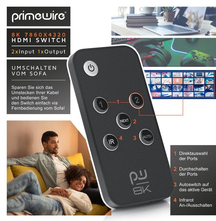 Image du produit Primewire 2-Port HDMI 2.1 Switch, commutateur 8K, 2 en 1 Out UHD, splitter avec télécommande, UHD 8k 4k 60 Hz
