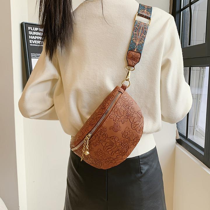 Actual product image Only-Bags.Store Retro elegant floral pattern crossbody bag, classic structured ethnic fancy pack with wide strap
