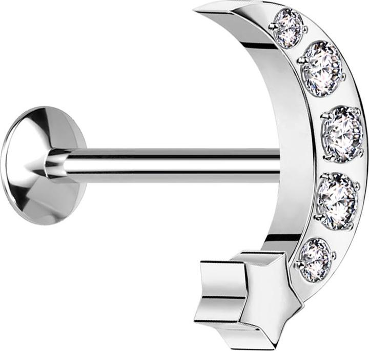 Star Piercing Micro Threadless UFO Labret silber Mond mit Stern silber Kristalle silber (ohne Messing, Chirurgenstahl 316L)