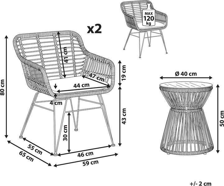 Image du produit Beliani Set de balcon en rotin naturel 2 chaises Revêtements gris clair TRESTINA (40 cm)