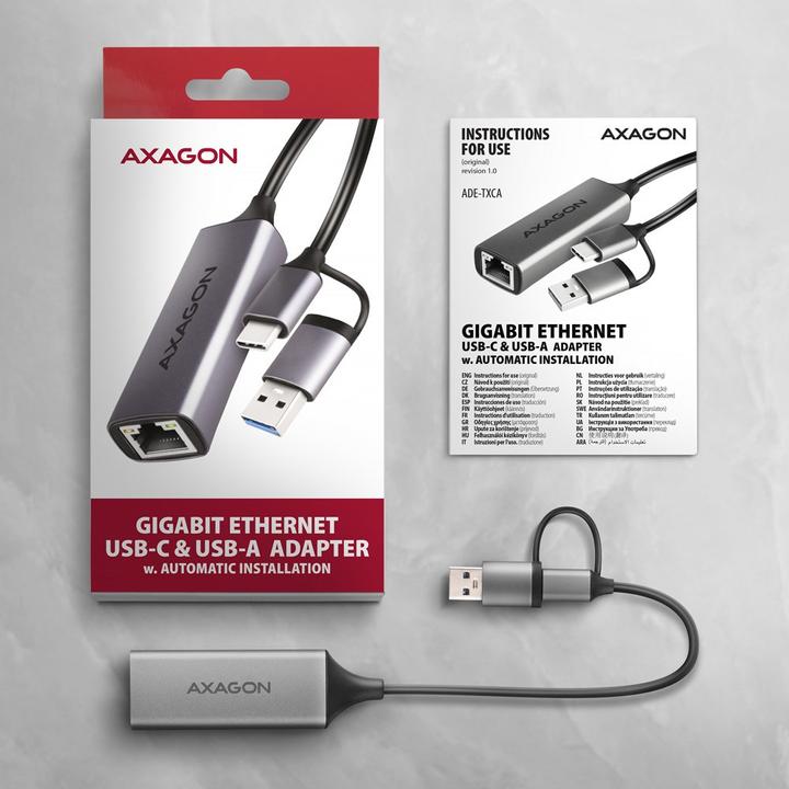 Productafbeelding Axagon ADE-TXCA, USB-C + USB-A 3.2 Gen 1 - Gigabit Ethernet s????ov?? karta, Asix AX88179, automatisch (USB-C, USB, RJ45/LAN (1x))
