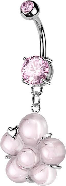 Actual product image Star Piercing Banane silber mit zwei Kugeln Kristall pink Anhänger Blume mit Herz (Surgical steel 316L, Brass)