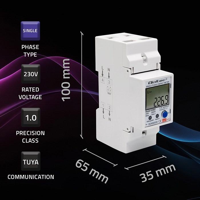 Actual product image Qoltec 50882 Single phase electronic energy consumption meter for DIN rail | Wi-Fi | TUYA | 230V | L