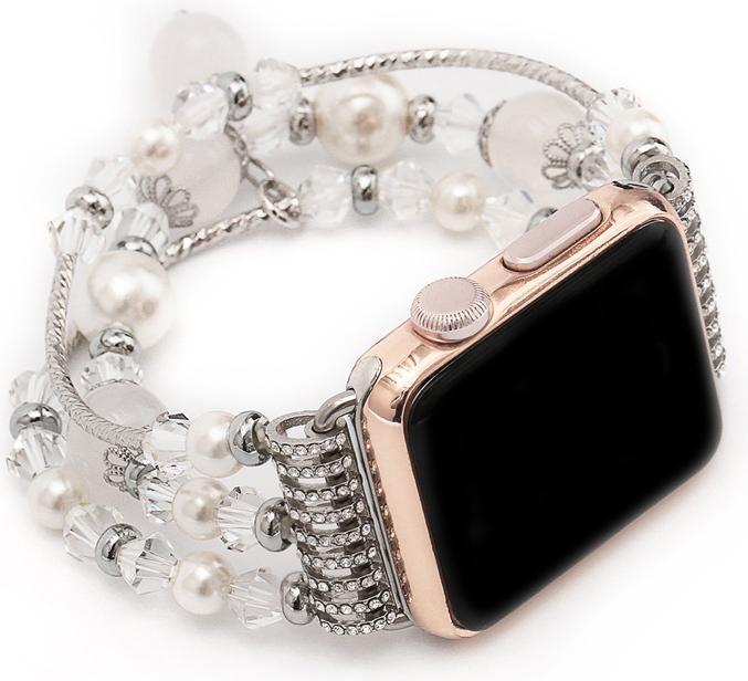 Produktbild Hermex Apple Watch 44mm / 42mm Damen Luxus Charm Armband Perlen SILBER WEISS