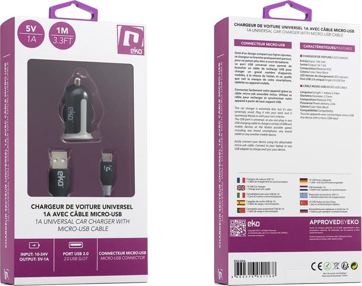 Actual product image EKO Pack cigarette lighter charger 1A with micro USB cable 1m