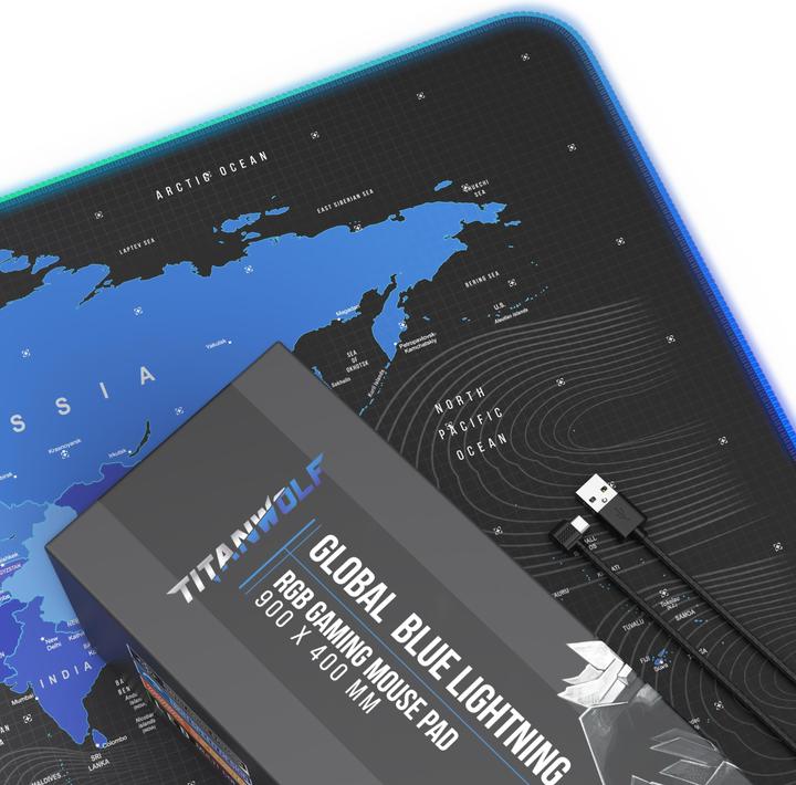 Actual product image Titanwolf RGB gaming mouse pad, mouse mat 900 x 400 mm, improves precision & speed, world map blue