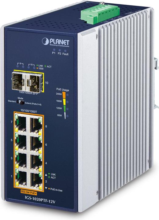 Image du produit Planet Industriel 8 ports GE 802.3at PoE + 2 1000X SFP + (10 Ports)