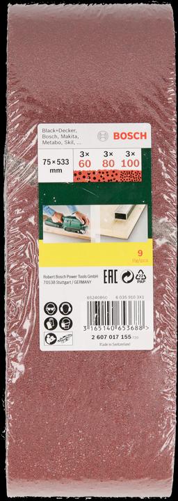Produktbild Bosch Zubehör Schleifband-Set für Bandschleifer, 9-teilig, 75 x 533 mm, Körnung 60, 80, 100 (60, 80, 100)