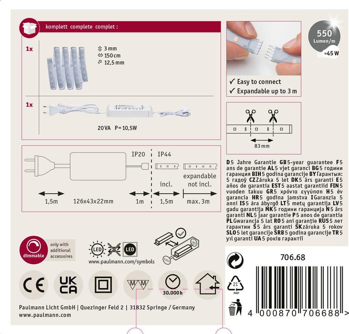 Image du produit Paulmann Kit MaxLED 500 Stripe (Blanc chaud, 150 cm, Intérieur)