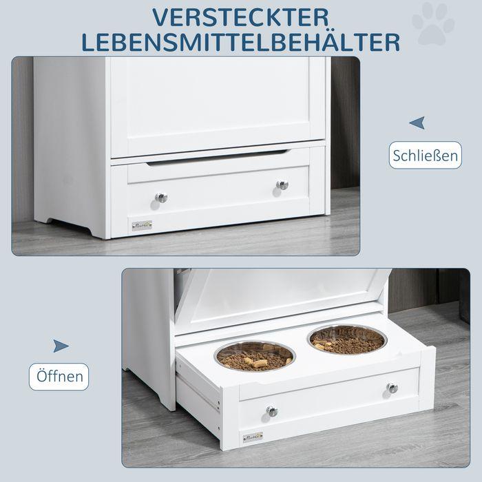 Produktbild Swisshandel24 Haustier-Futterschrank Tierfutterschrank mit 2 Edelstahlnäpfen, 3 Haken, Weiss