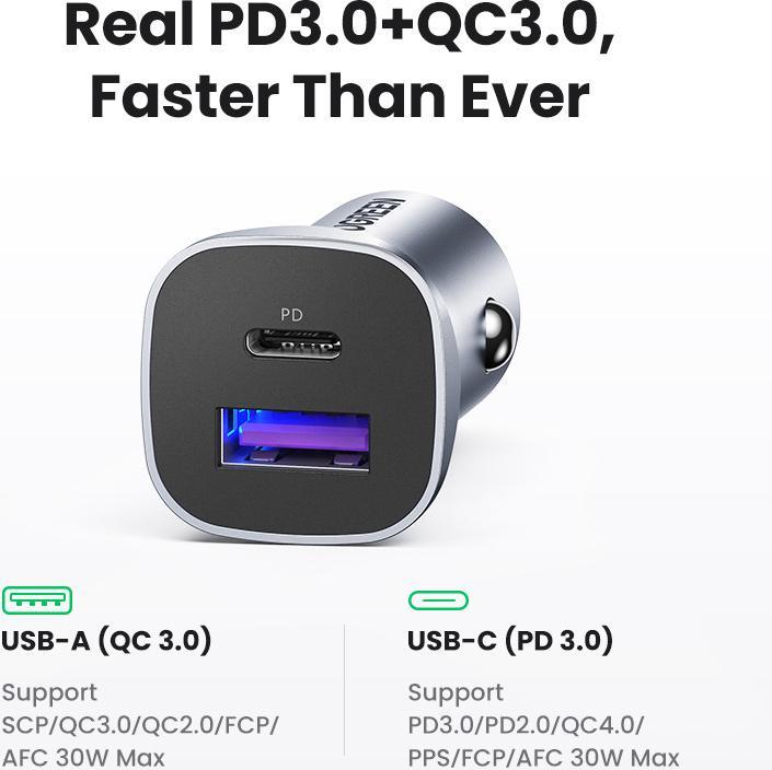 Image du produit Ugreen CD130 Car Charger, USB-A+PD 3.0, USB-C, QC3.0 30W (Grey)