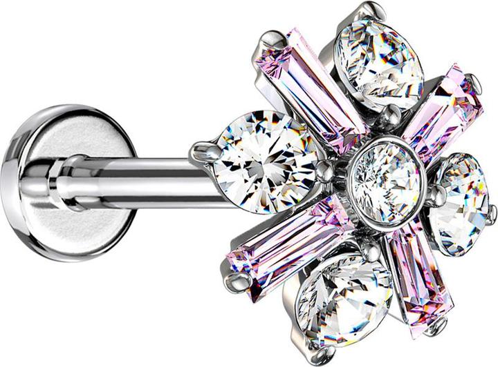 Produktbild Star Piercing Micro Labret Innengewinde silber Kreuz Kristallblume pink (Messing, Chirurgenstahl 316L)