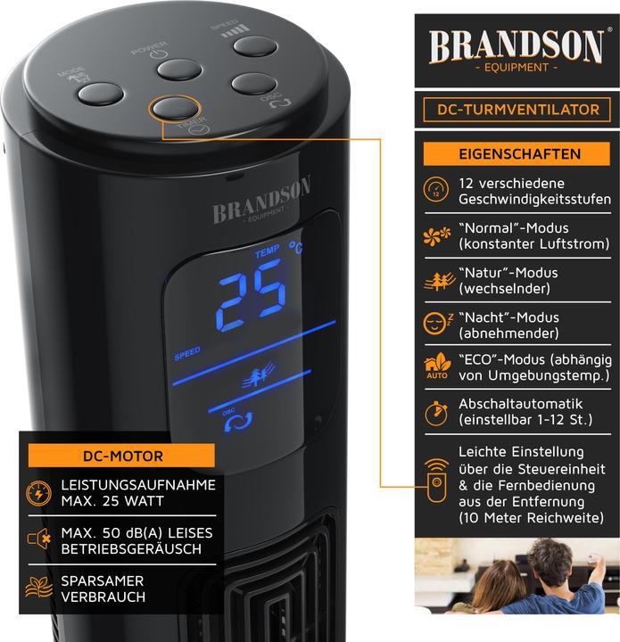 Immagine prodotto Brandson Ventilatore a torre, 12 velocità, DC, ECO, timer, oscillazione, telecomando, nero (50 dB)