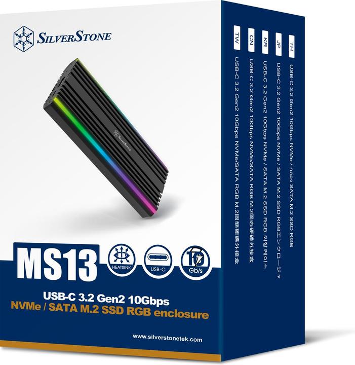 Immagine prodotto Silverstone Tecnologia SST-MS13 - Custodia USB-C 3.2 Gen2 10 Gbps NVMe / SATA M.2 SSD RGB, 71175, Sc (M.2 2230)
