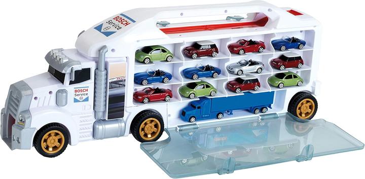 Produktbild Theo Klein 2837 Bosch Car Service Sammelkoffer Truck mit integrierter Abfahrtsrampe | 26 Staufächer | Coole Ram