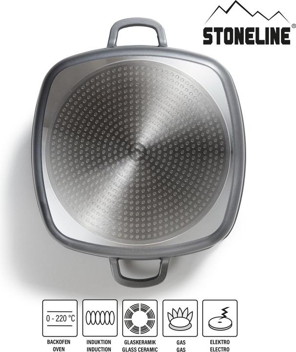 Produktbild Stoneline Eckpfanne 28x28 cm mit Aroma Glasdeckel, Pfanne rechteckig, Backofen, Induktion geeignet (Pfannenset + Topfset, Aluminium)