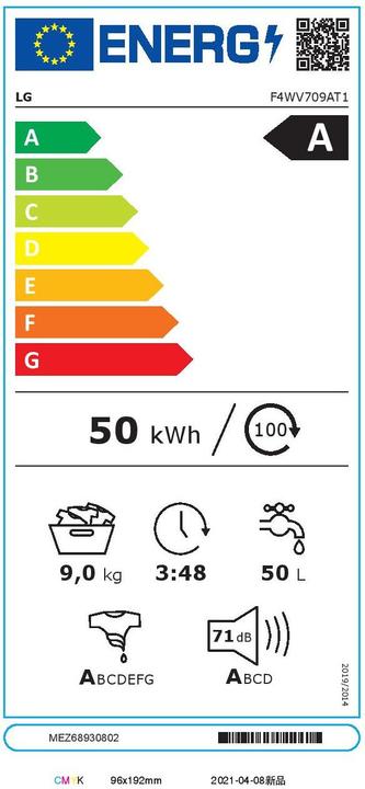 Energie-Label LG Waschmaschine F4WV709AT1 Links (9 kg, Links)