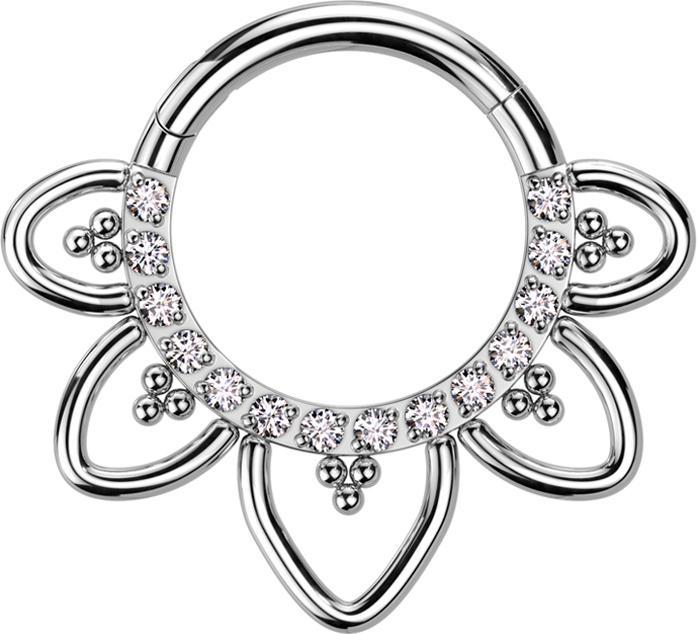Star Piercing Micro Segmentring klappbar silber front Kristalle silber filigrane Herzen (ohne Messing, Titan G23)