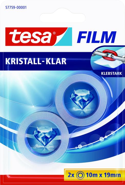 tesa 2x tesafilm KRISTALL-KLAR, hochtransparent, alterungsbeständig, mit starker Haftung (19 mm)