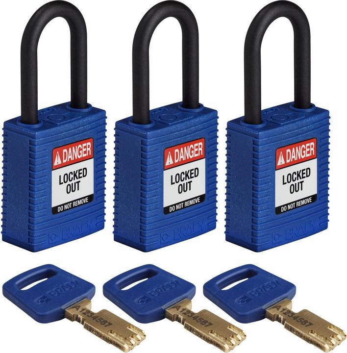 Actual product image Brady Safekey nylon safety lock with nylon shackle, blue, shackle height 38 mm, shackle diameter 6.4 mm