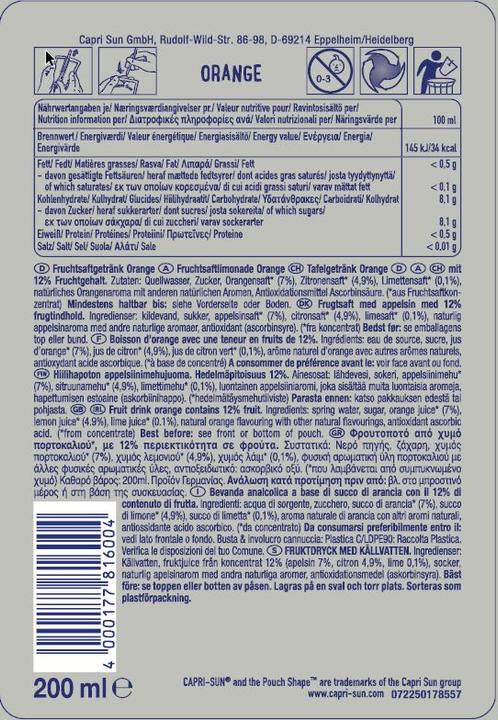 Nährwerte und Zutaten Capri-Sun Orange (1 x 20 cl)