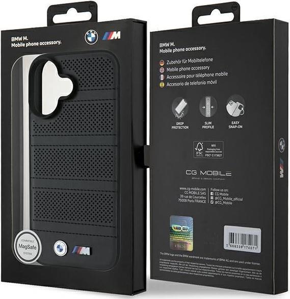 Actual product image BMW BMHMP16S23PUSPK iPhone 16 6.1" czarny/black hardcase M Perforated And Stitched Line MagSafe (Apple iPhone 16)