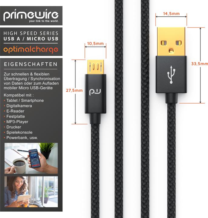 Produktbild Primewire Micro USB Kabel - 2,4A MicroUSB Schnellladekabel, Nylon, Metallstecker, Datenkabel Ladekabel (3 m, USB 2.0)