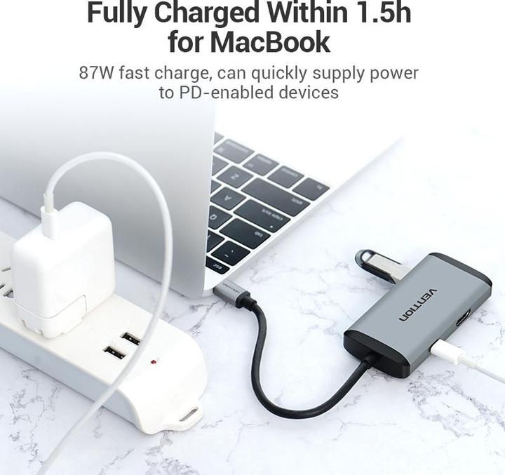 Actual product image Vention USB-C Docking Station to HDMI, 3x USB3.0, RJ45, PD 0.15m CNCHB, grey (USB-C, 4 Ports)