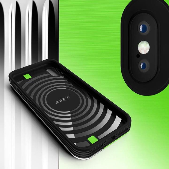 Actual product image Zizo Retro Series – iPhone Xs/X-Hülle mit Kartenfach + Ständer + 9H-Glasscheibe (Neongrün/Silber) (Apple iPhone XS)
