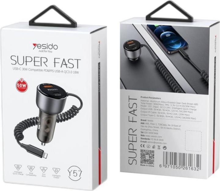 Image du produit Yesido Y57 Chargeur de voiture super rapide 50W avec câble Lightning