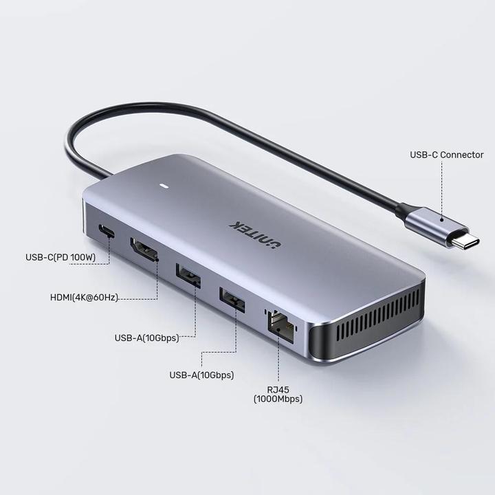 Actual product image Unitek AKTYWNY HUB USB-C 10GBPS M.2 HDMI PD 100W (USB-C, 5 Ports)