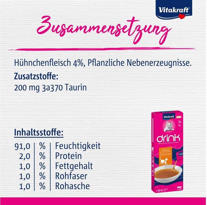 Nutritional values and ingredients Vitakraft Drink with chicken flavour and taurine for cats - (57999) (Junior, 5 pcs., 150 g)