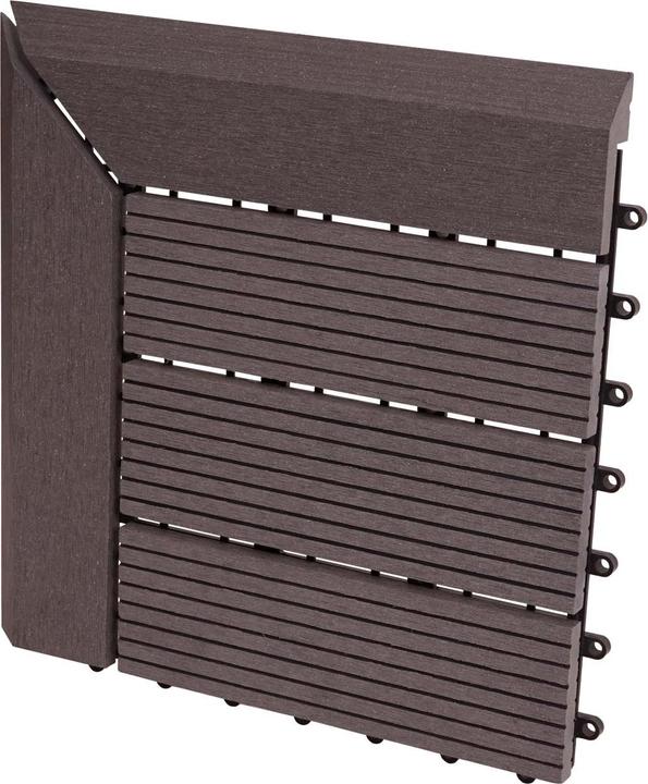 Produktbild Swisshandel24 WPC Eck-Bodenfliese Rhone + Abschluss, Holzoptik Terrasse, 30x30cm Premium Ecke rechts, grau linea (1 x, 30 x 30 cm)