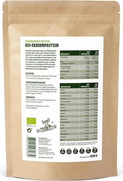 Nährwerte und Zutaten Maskelmän Bio Erbsenprotein (Erbsen, Natural, 1 Stk., 1000 g)