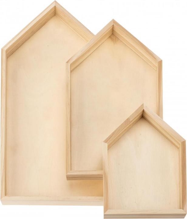 Produktbild Glorex Holz-Tablett-Set 3tlg, Haus (14 x 20 cm, 20 x 40 cm)