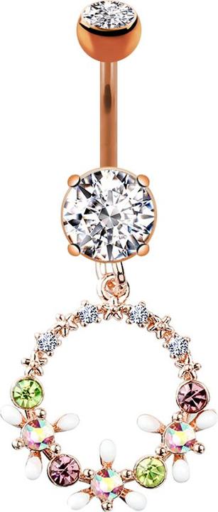 Produktbild Star Piercing Banane rosegold mit Anhänger Kreis mit Kristallen und Blumen (Chirurgenstahl 316L, Messing)
