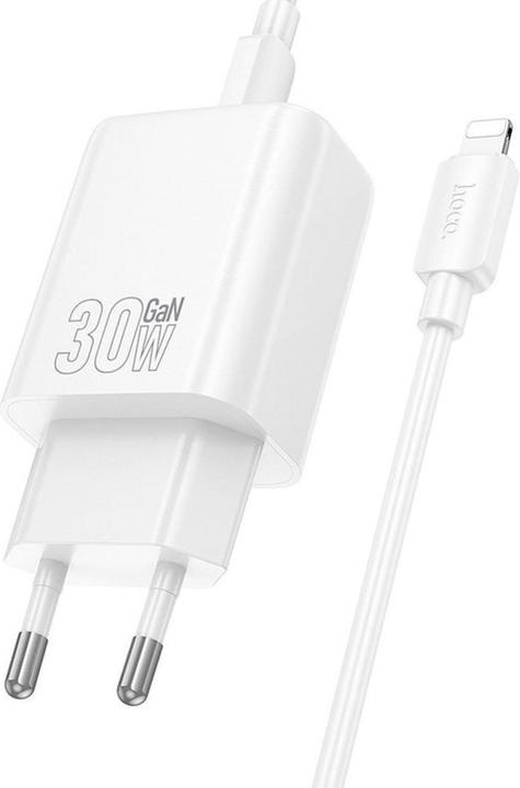 Actual product image Hoco Adapter wall charger USB A + Type C + cable Type C to Lightning PD QC3.0 3A 30W N63 white (18 W)