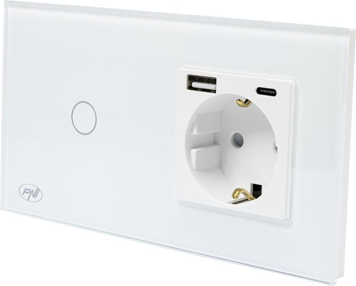 Produktbild PNI SH115W einfacher Glasschalter mit Touch, kombiniert mit Schuko-Steckdose und USB-Steckern