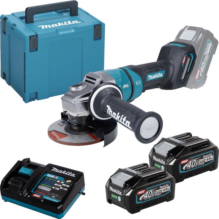 Productafbeelding Makita Snoerloze haakse slijper 40V max. / 4.0 Ah, 2 accu's + lader in MAKPAC (125 mm)