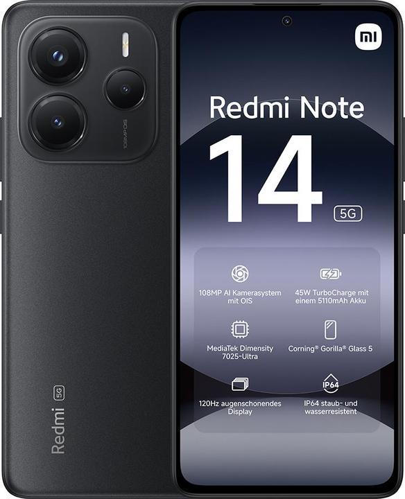 Actual product image Xiaomi Redmi Note 14 5G (128 GB, Midnight Black, 6.67", Dual SIM, 108 Mpx, 5G)