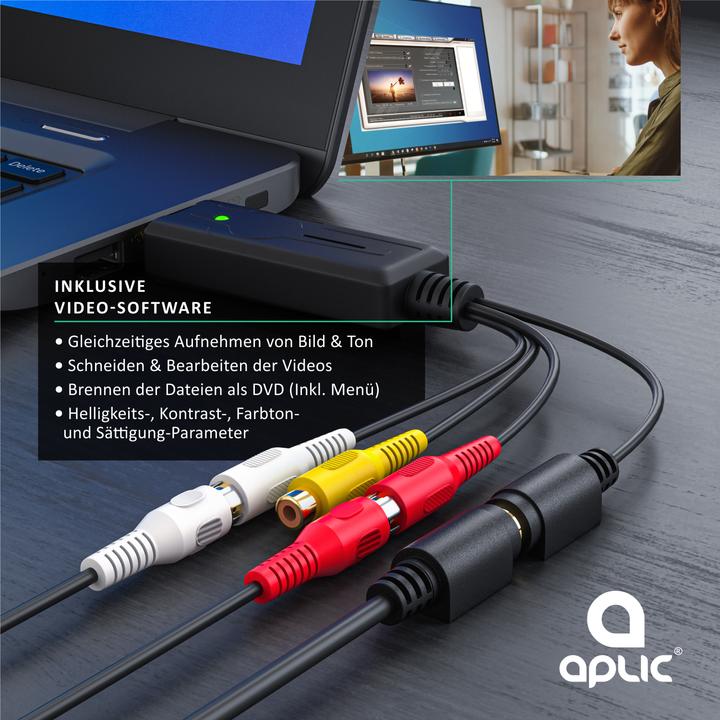 Actual product image Aplic USB audio video grabber, video audio converter, video adapter for post-production, VHS, for Windows (USB 2.0, analog TV signal)