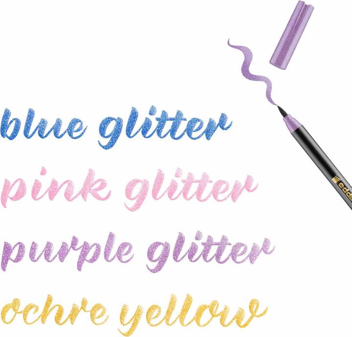 Actual product image Edding 1340 glitter brush pen set of 4 assorted (Blue glitter, purple glitter and ochre yellow glitter, Pink Glitter, 4 x)