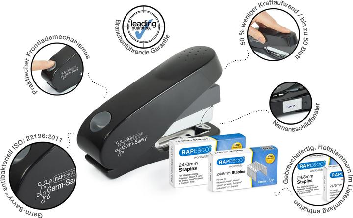 Produktbild Rapesco 1466 Germ-Savvy Antibakteriell, Luna-Less Effort ECO leichtgängiger Hefter u. 2.000 Heftklam (50 Blätter)