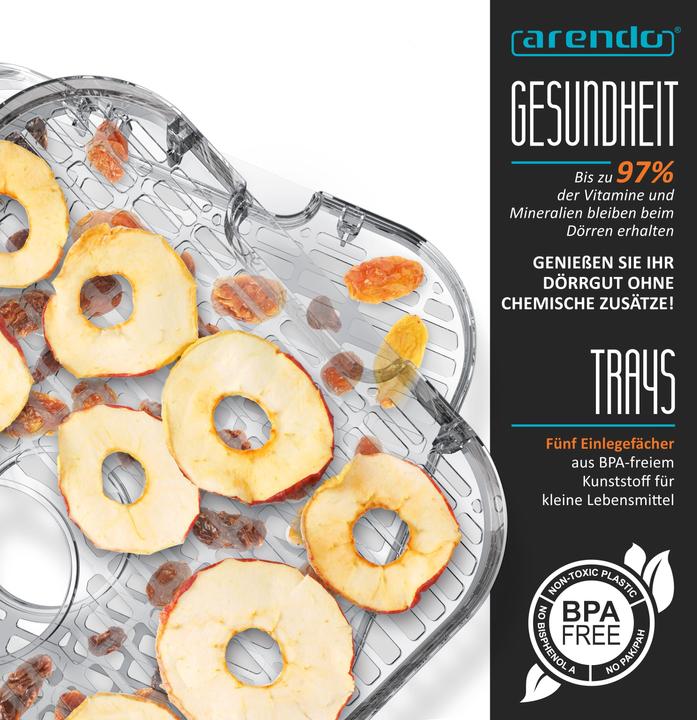 Image du produit Arendo Dörrautomat mit Temperaturregler, 5 Etagen, 35-70°C, Edelstahl, Dörrgerät 400 W, Timer 24h, BPA-frei