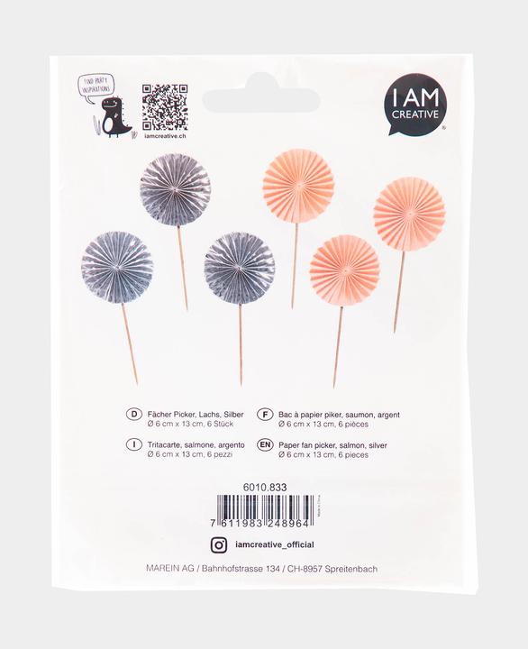 Actual product image I Am Creative Cake topper, fan picker, salmon/silver, 6 pieces